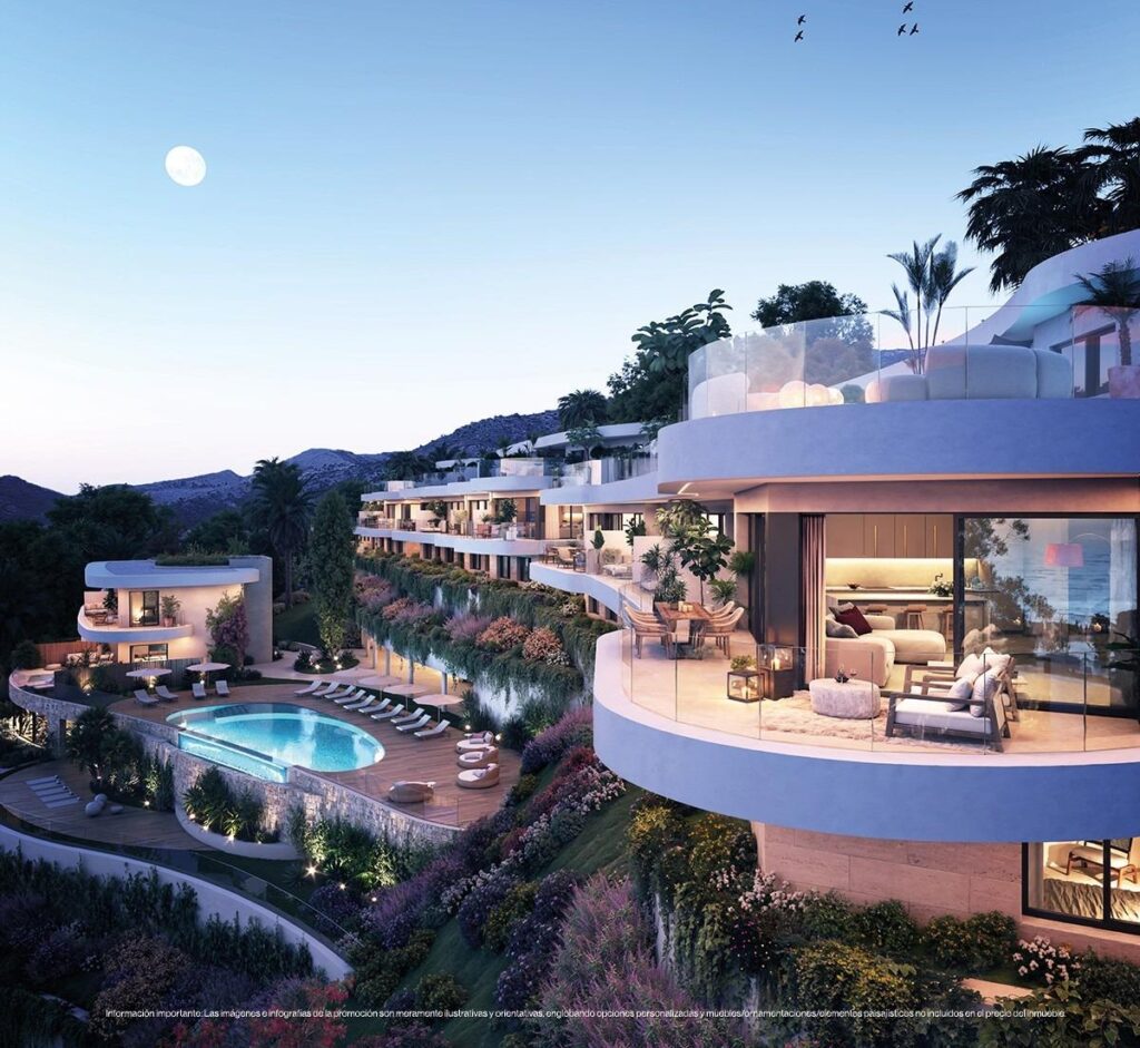 Luksusowe, nowo wybudowane kamienice na sprzedaż w Las Lomas del Higuerón z widokiem na morze i prywatnymi basenami